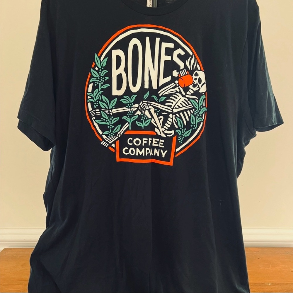 Bones Coffee Co. Skeleton Guy Graphic Tee – Black Bella+Canvas T-Shirt, XXL
